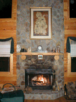 Fieldstone fireplace.