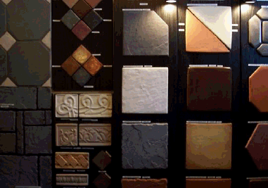 Assorted floor and wall tile display.